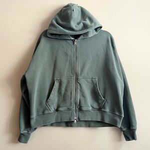 Abercrombie Essentials Soft Cropped Double Zip-Up Hoodie Green Boxy Dropshoulder